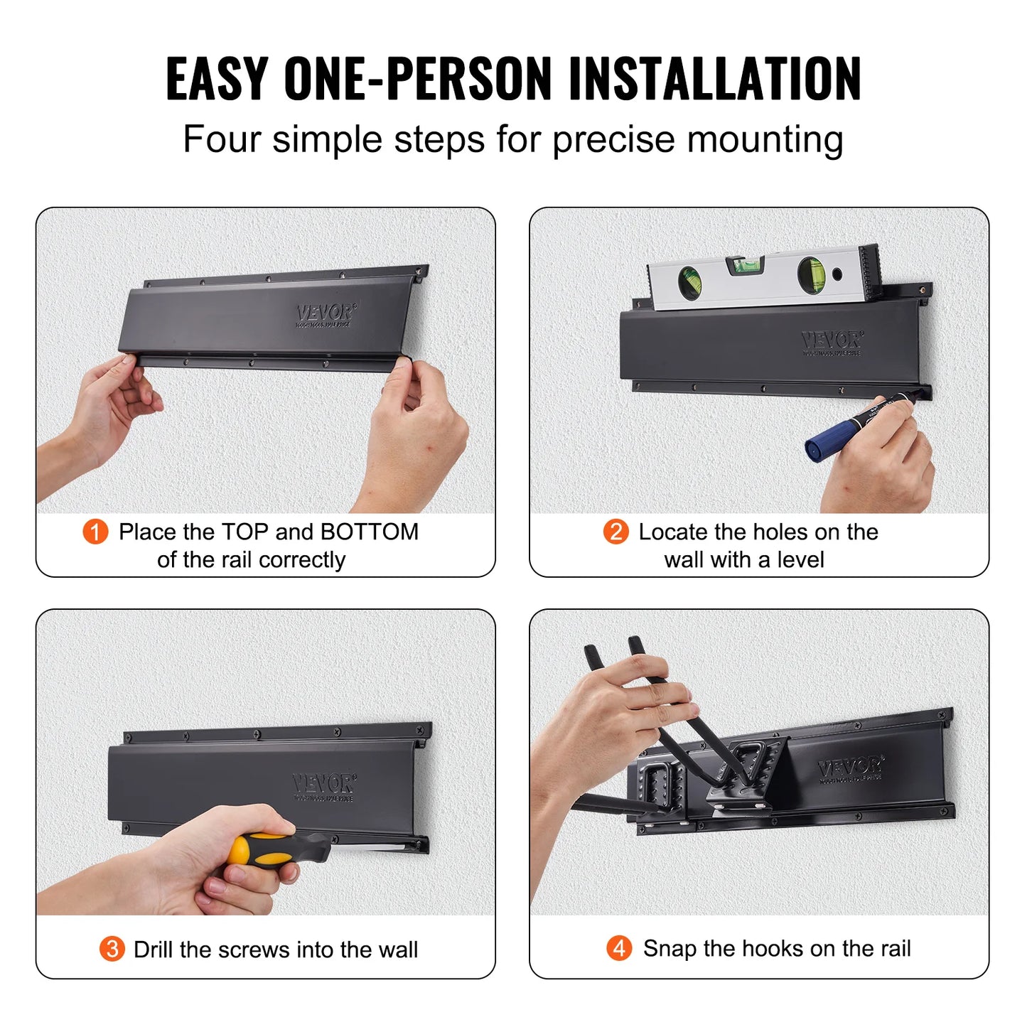 Wall Mount Heavy Duty Storage Rack W/ Adjustable Hook Rails for Shovels Trimmers Hose