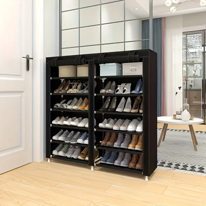 6-layer double row shoe rack with dust cover, black plastic design