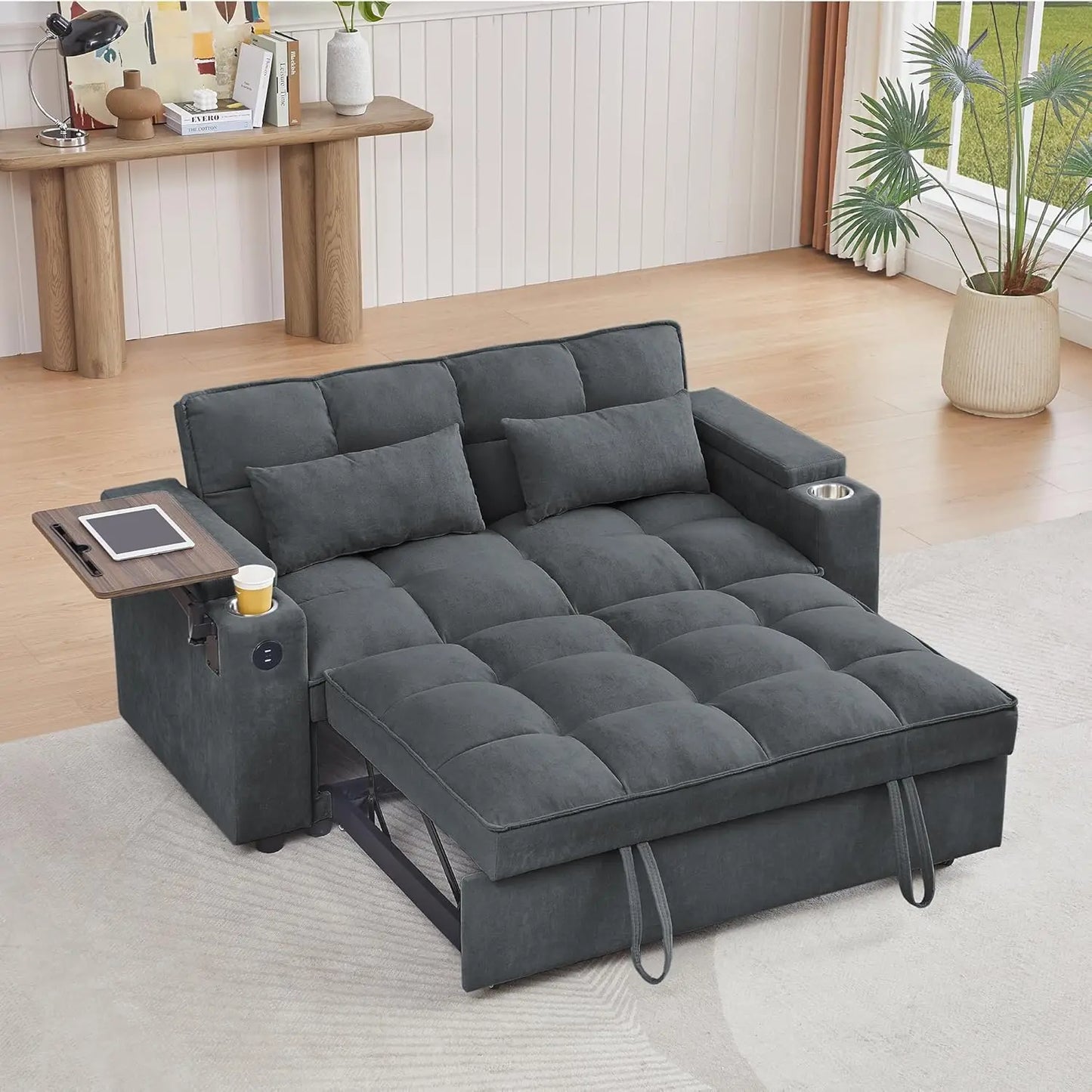 Sleeper Sofa Bed with Adjustable Backrest,, Side Table & USB/-C Ports