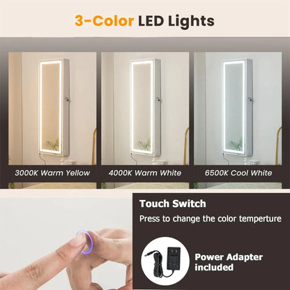 Wall-Mounted Jewelry Cabinet with Touchscreen Lighted Mirror, 47.2" Full-Length, Lockable,