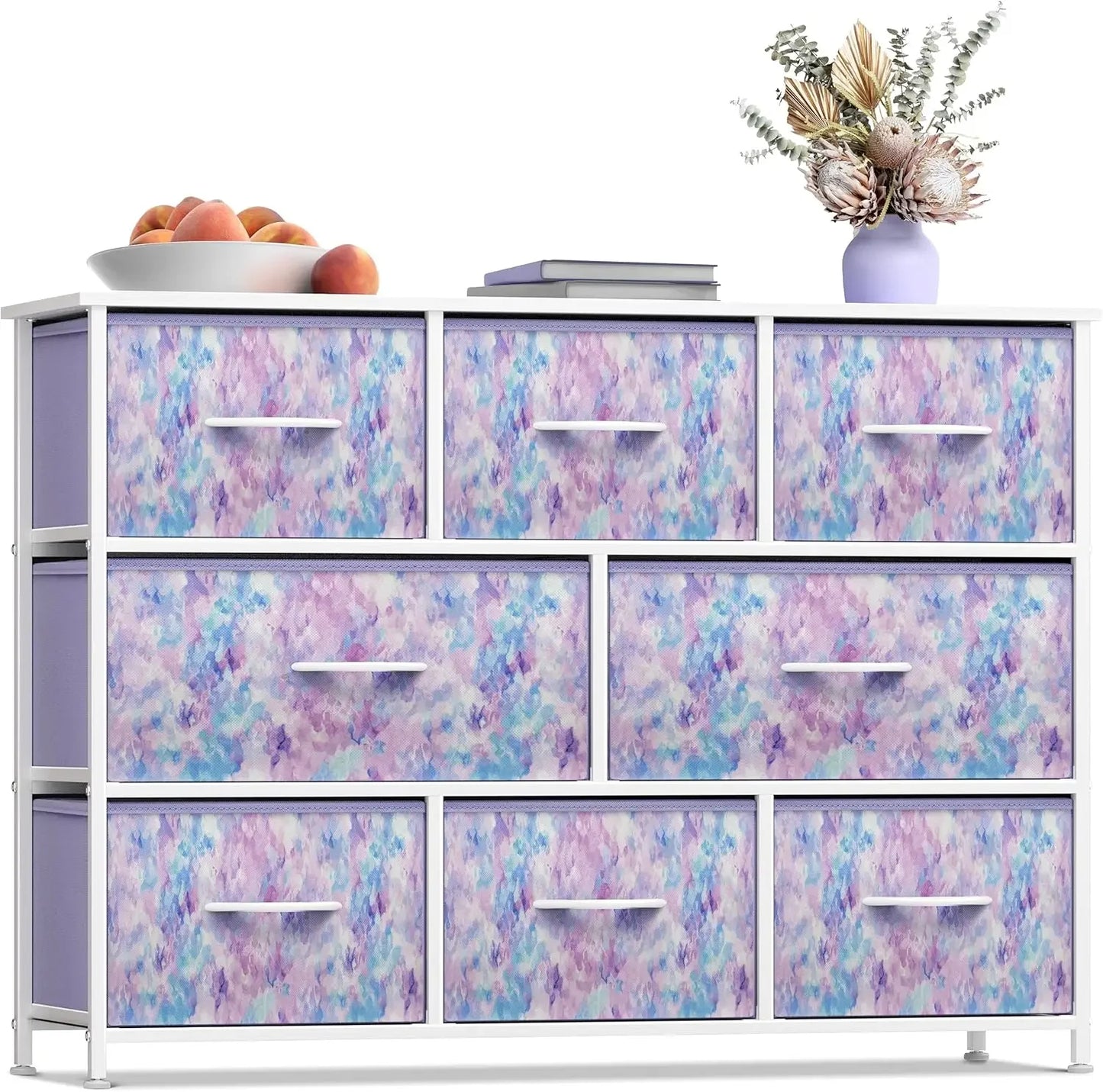 Dresser with 8 Drawers Steel Frame, Wood Top & Handle, Fabric Bins