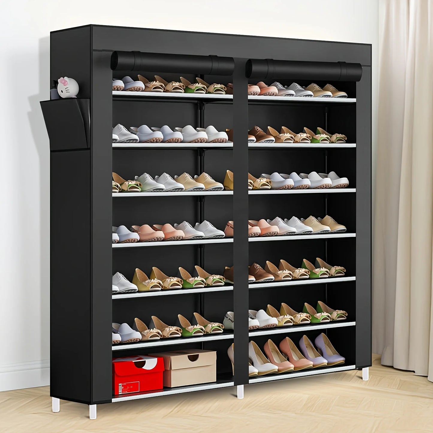 6-layer double row shoe rack with dust cover, black plastic design