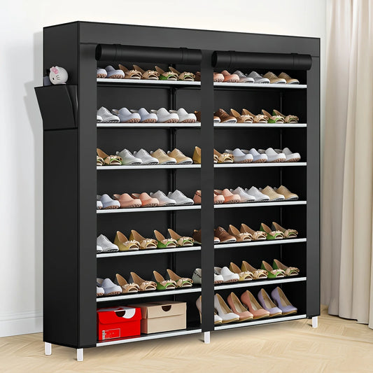 6-layer double row shoe rack with dust cover, black plastic design
