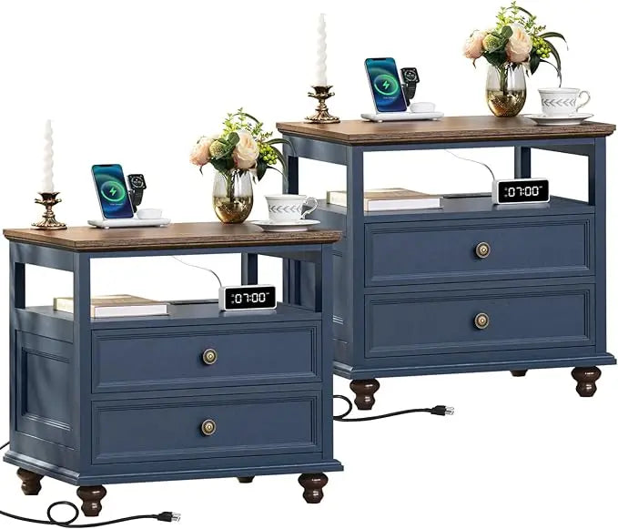 Nightstand Set of 2 with Charging Station, 24" Wide End Table with 2 Drawers