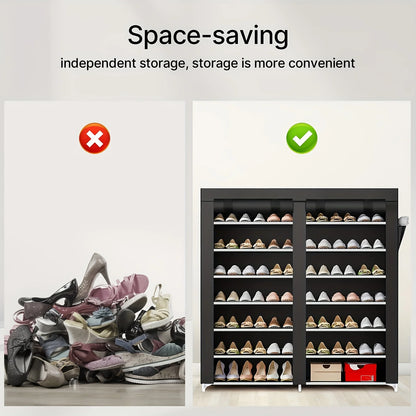 6-layer double row shoe rack with dust cover, black plastic design