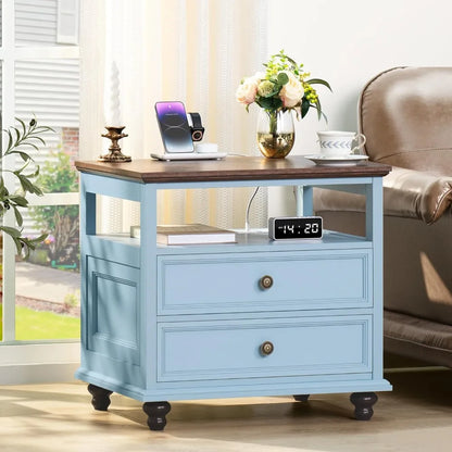 Nightstand Set of 2 with Charging Station, 24" Wide End Table with 2 Drawers