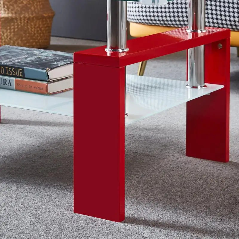 Red Rectangular Coffee Table with Double Layer Storage Shelf
