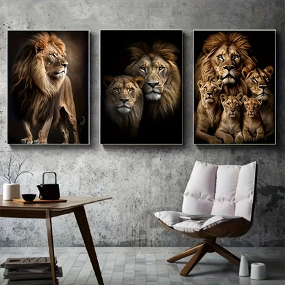 3pcs Art Deco Modern Lion Family Art Print, Large Canvas, Ink on Canvas