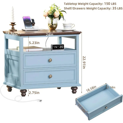Nightstand Set of 2 with Charging Station, 24" Wide End Table with 2 Drawers