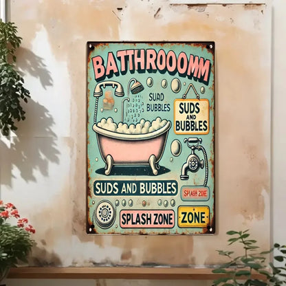 1pc Vintage 8x12" Metal Tin Sign - "Bathroom Suds and Bubbles"