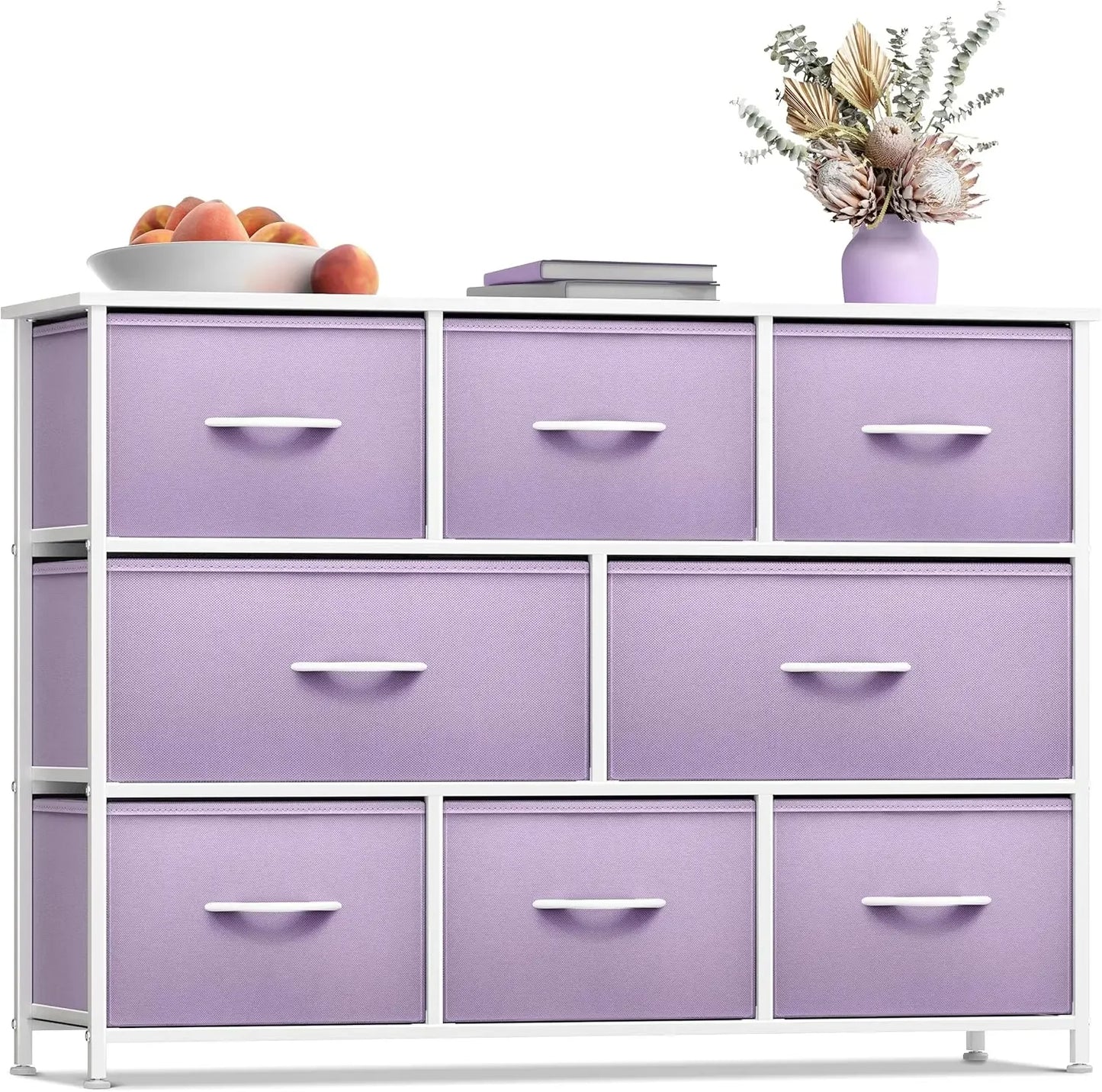 Dresser with 8 Drawers Steel Frame, Wood Top & Handle, Fabric Bins
