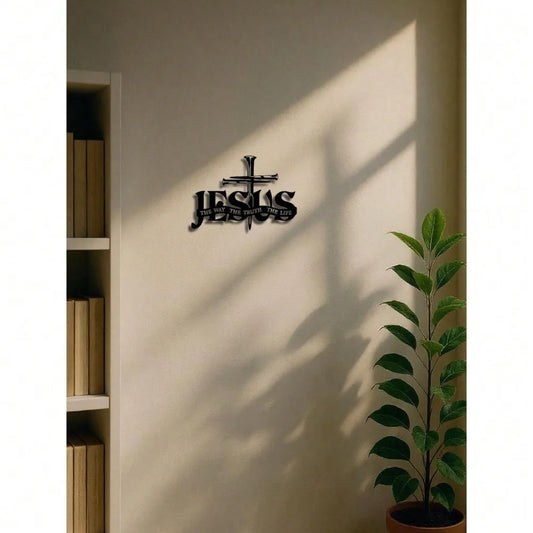 Jesus Cross Metal Wall Sculpture – "The Way, The Truth, The Life" Sign