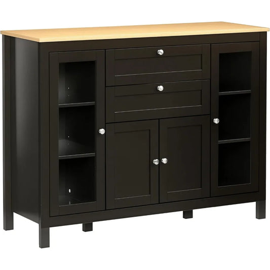 47" Sideboard Buffet With Rubber Wood Top, Glass Door,  Drawers, Adjustable
