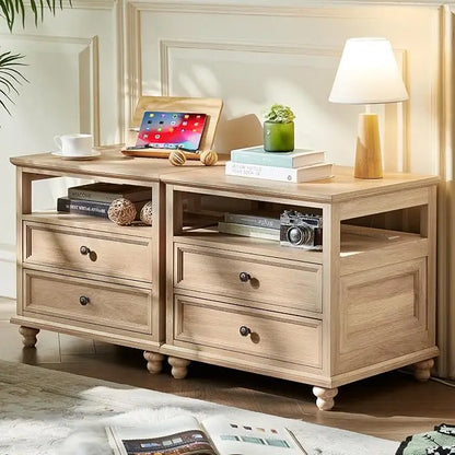 Nightstand Set of 2 with Charging Station, 24" Wide End Table with 2 Drawers