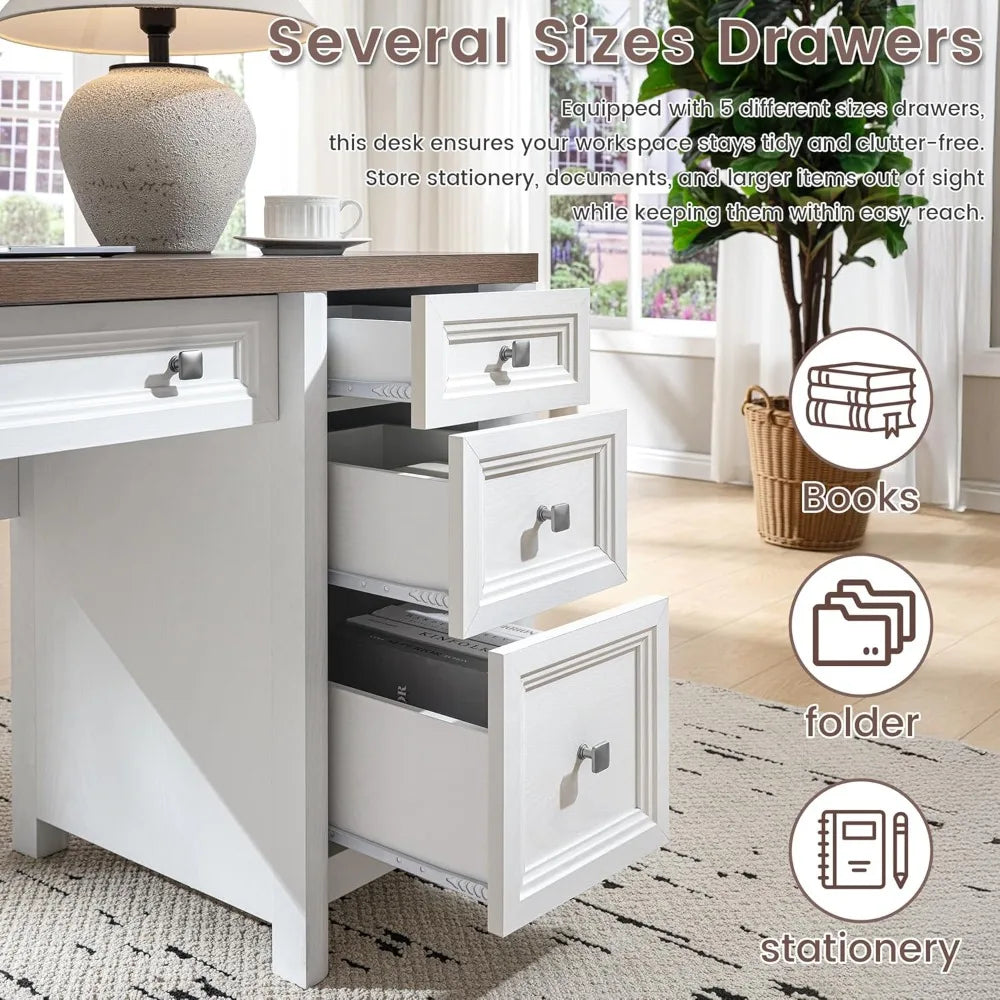 "58" Farmhouse Computer Desk - 5 Drawers , Adjustable Shelf