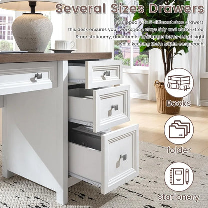 "58" Farmhouse Computer Desk - 5 Drawers , Adjustable Shelf