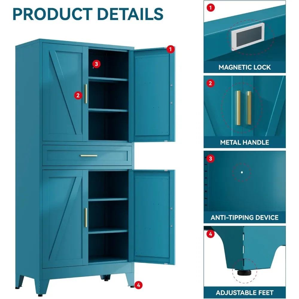 71" H Farmhouse Metal Kitchen Storage Cabinets,Blue Pantry