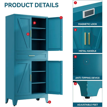 71" H Farmhouse Metal Kitchen Storage Cabinets,Blue Pantry