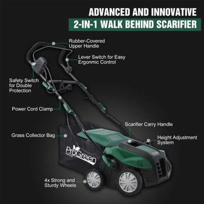 2-in-1 Electric Garden Scarifier & Dethatcher 15AMP Lawn Aerator