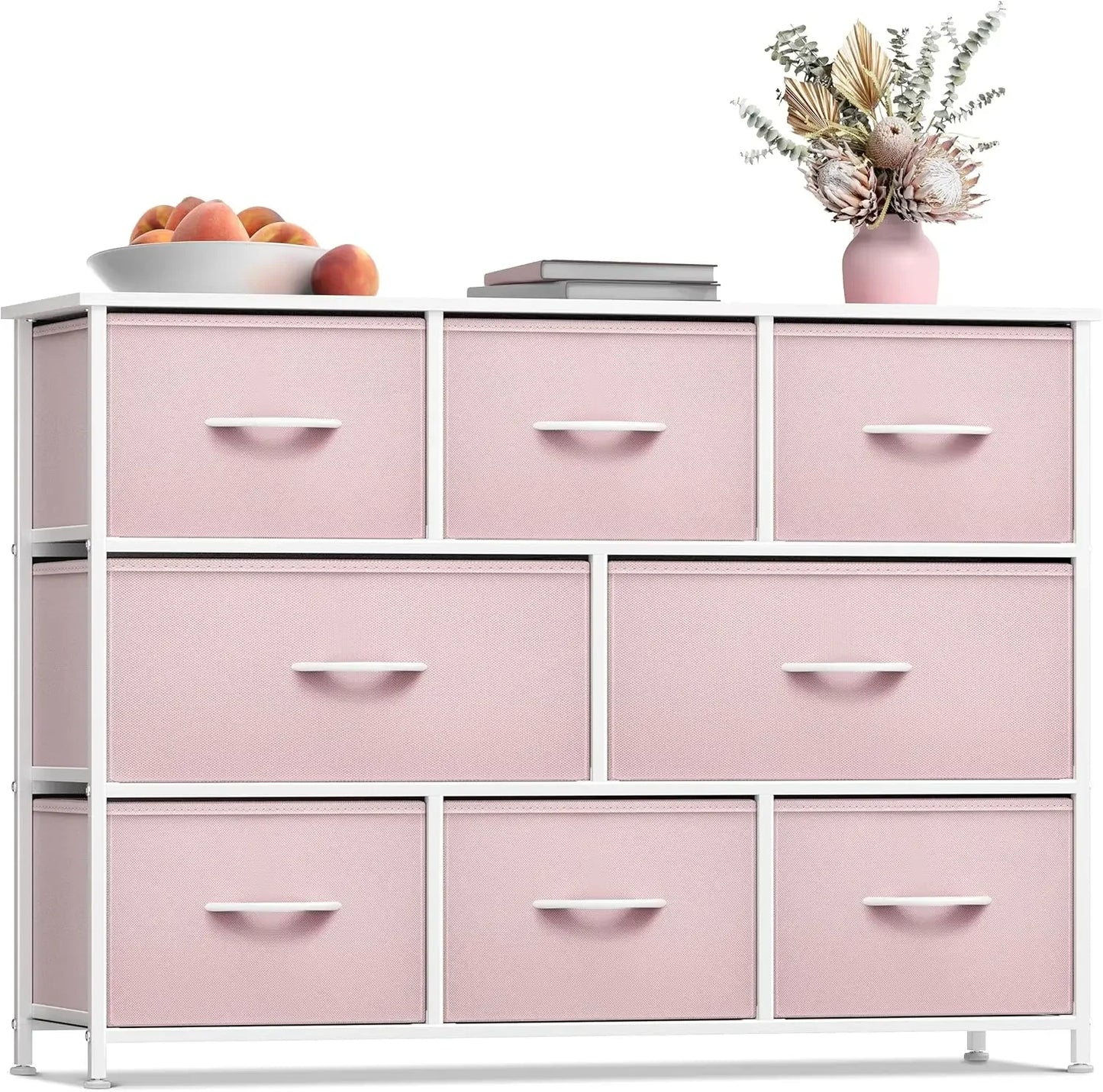 Dresser with 8 Drawers Steel Frame, Wood Top & Handle, Fabric Bins