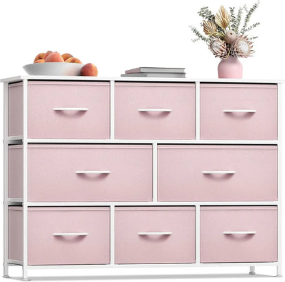 Dresser with 8 Drawers Steel Frame, Wood Top & Handle, Fabric Bins