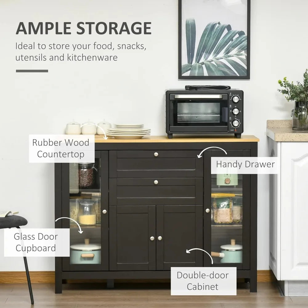 47" Sideboard Buffet With Rubber Wood Top, Glass Door,  Drawers, Adjustable