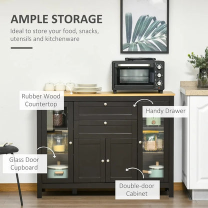 47" Sideboard Buffet With Rubber Wood Top, Glass Door,  Drawers, Adjustable