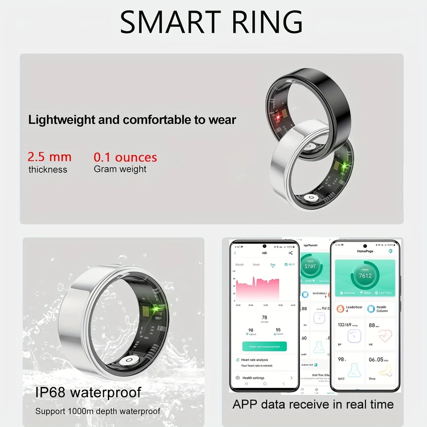 Smart ring, sleep tracking, motion monitoring, compatible with iPhone and Android