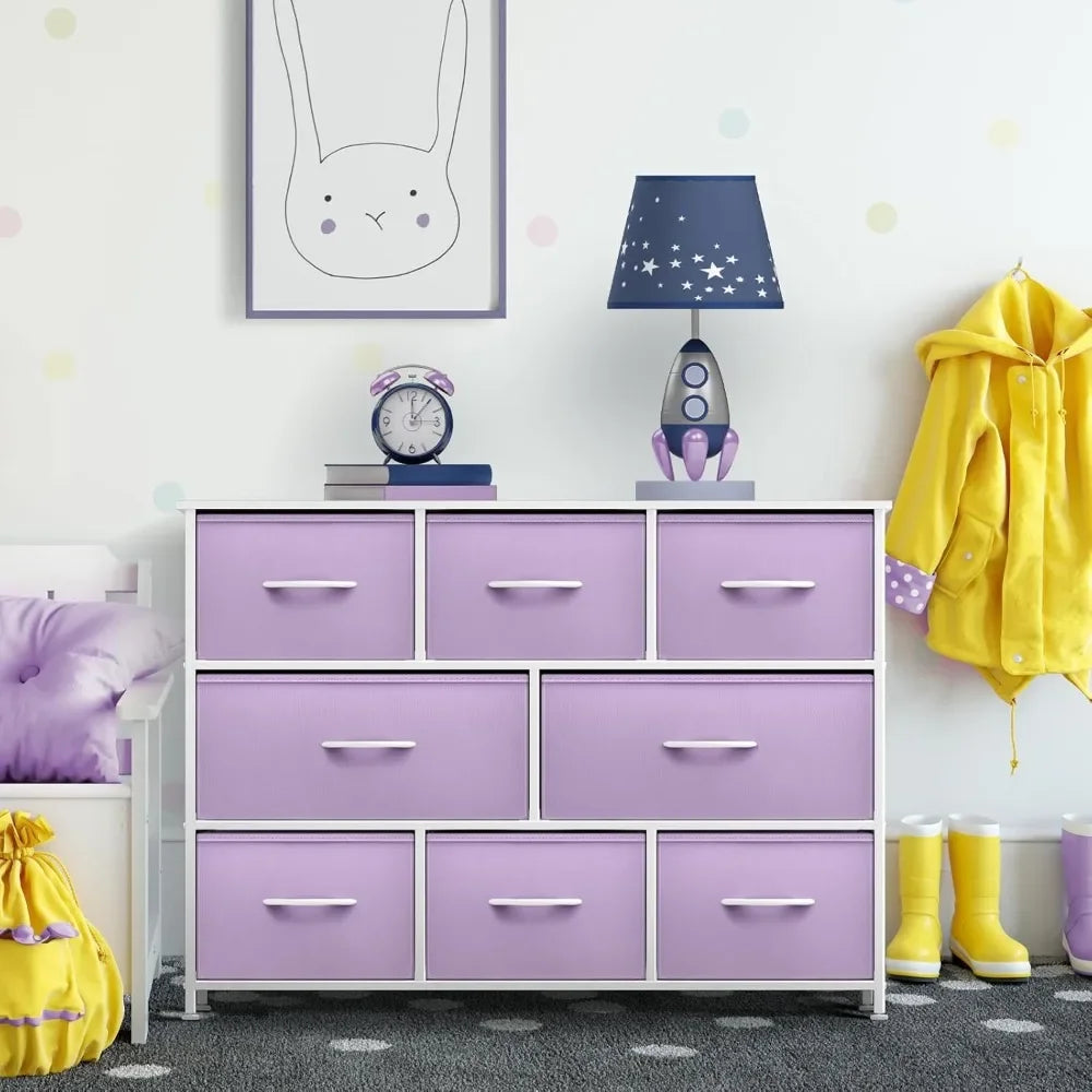 Dresser with 8 Drawers Steel Frame, Wood Top & Handle, Fabric Bins