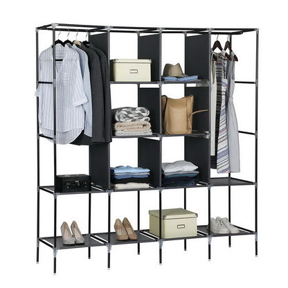 67" Portable Wardrobe Clothes closet Storage Rack 12 Shelves 4 Side Pockets Gray