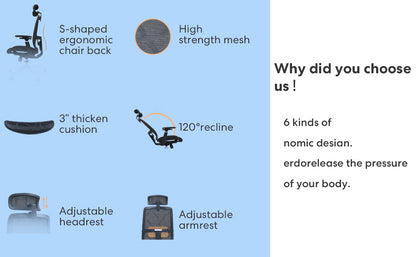 New Ergonomic Adjustable Lumbar Support Chair 120°Tilt High Back with Soft Flip Up Arms